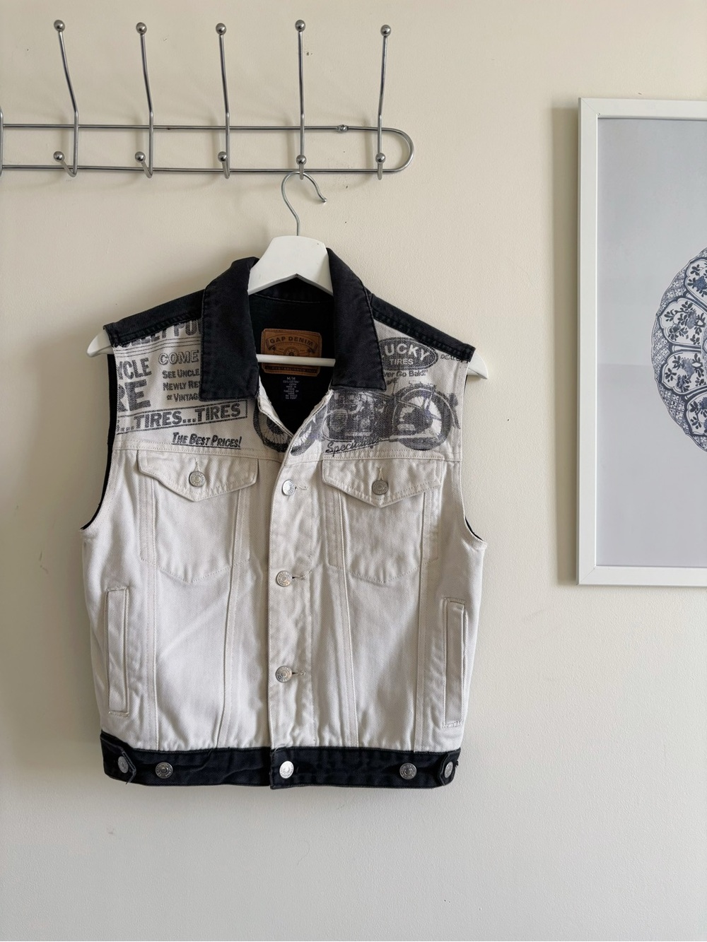 RARE Vtg 90s Gap Denim Vest Two Tone Motorcycle Newsprint Off White Black M